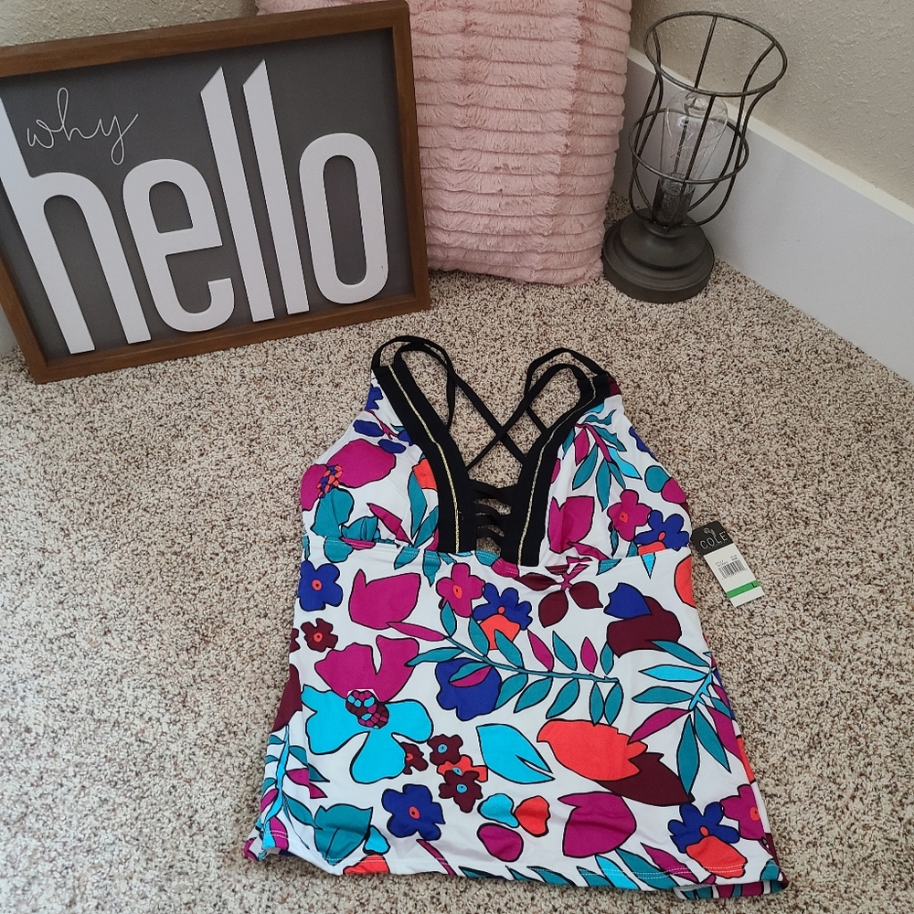 Cole of California Women's Tankini Top White & Pink Floral Tassel Tie Size Large